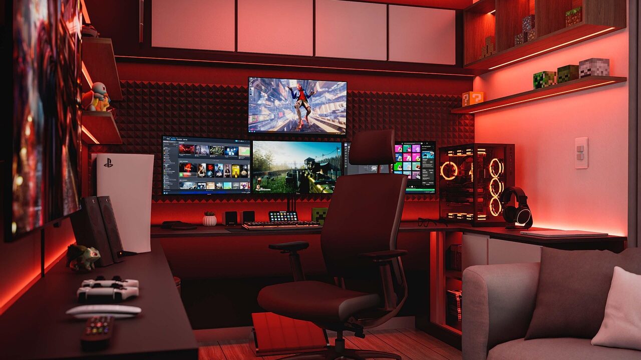 interior design, home office, modern interior, bedroom, study, pc, earphone, headphones, music, sound, technology, games, playstation, gamer, ps4, ps5, console,