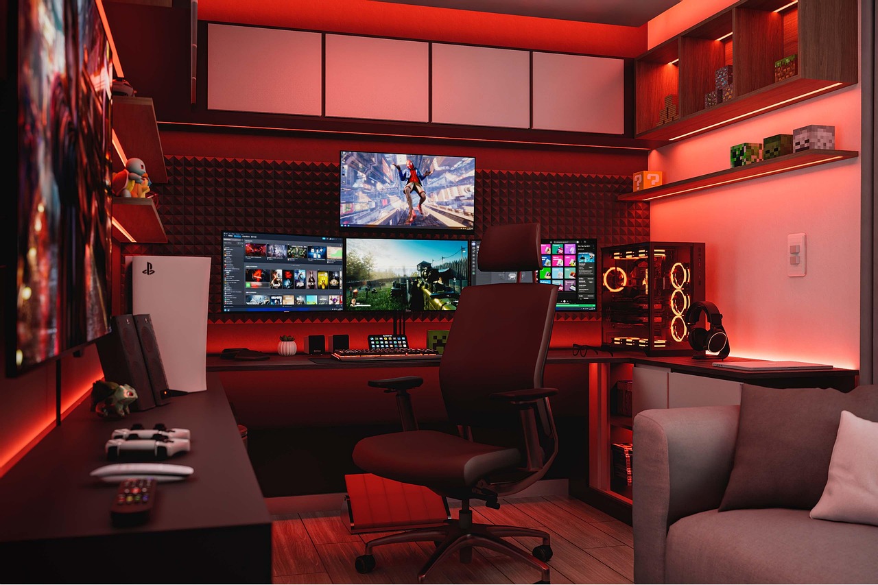 interior design, home office, modern interior, bedroom, study, pc, earphone, headphones, music, sound, technology, games, playstation, gamer, ps4, ps5, console,